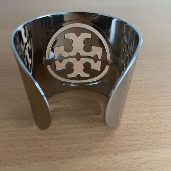 TORY BURCH Wide Open Cuff Bracelet Cut Out Logo Polished Finish Silver Tone - Picture 3 of 5